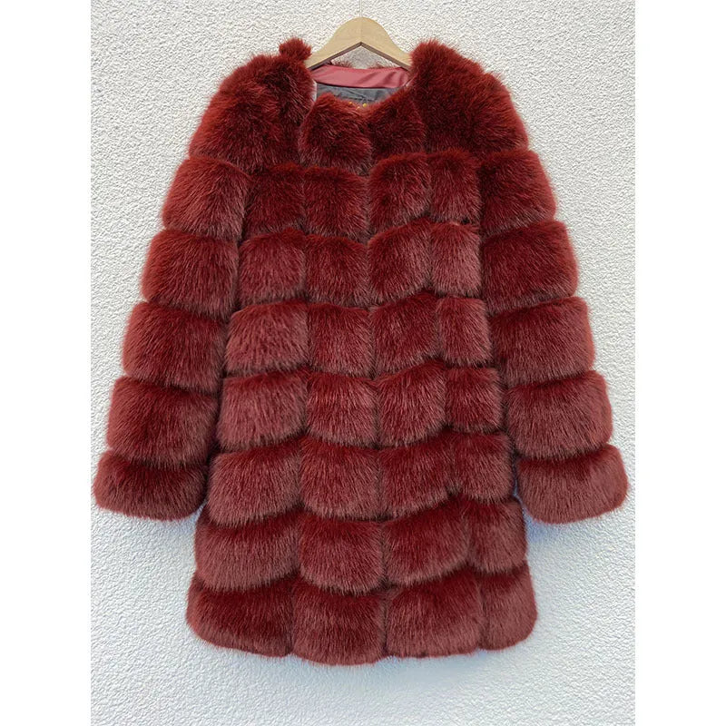 Women's thick faux fur coat in black, 80cm long, with regular sleeves and a collar – artificial fur fabric for warmth