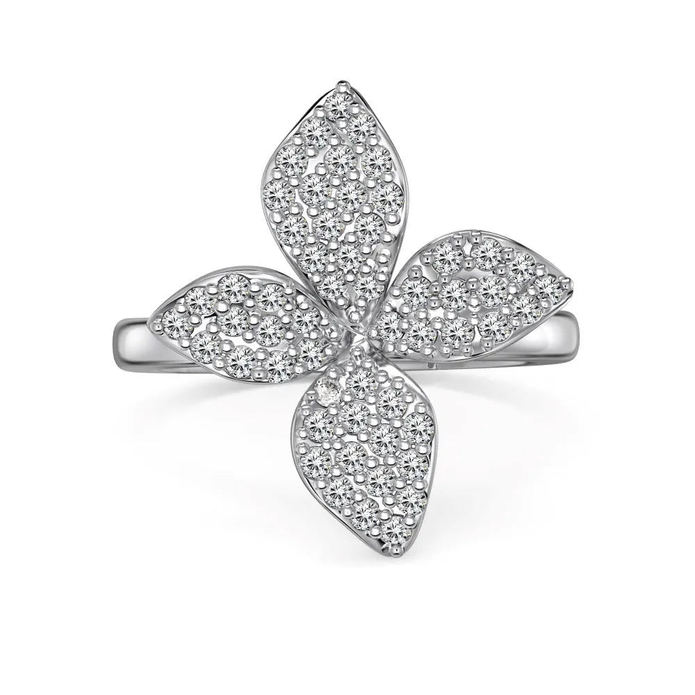 925 silver flower design open ring, necklace, and earring suite with white zircon inlay on a white background