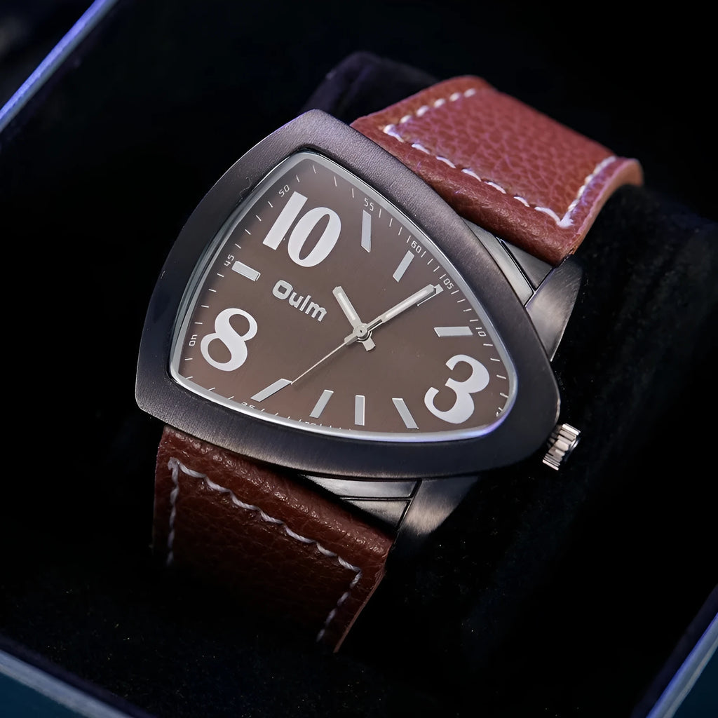 Men's triangular case quartz watch in black, shown on wrist, highlighting its geometric design and slim profile.