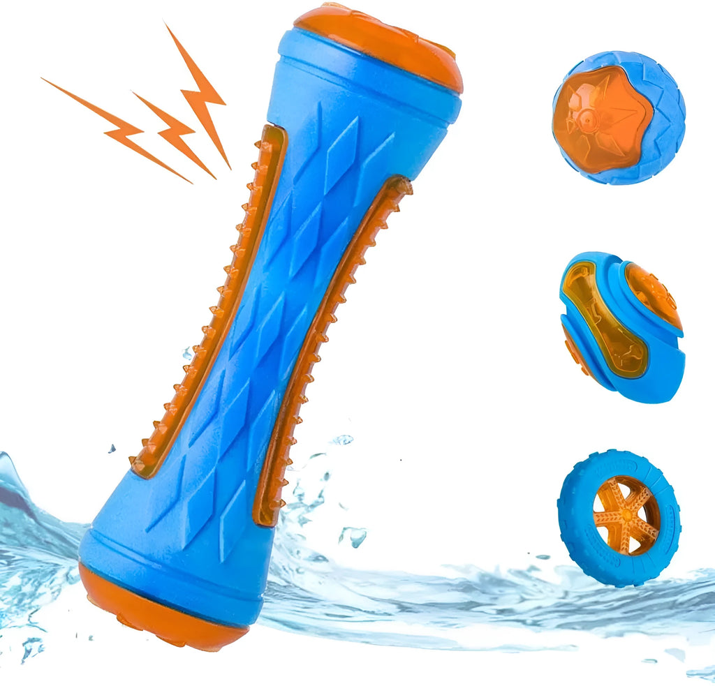 Three floating TPR dog toys: a squeaky ball, barbell, and tyres for water and land play.