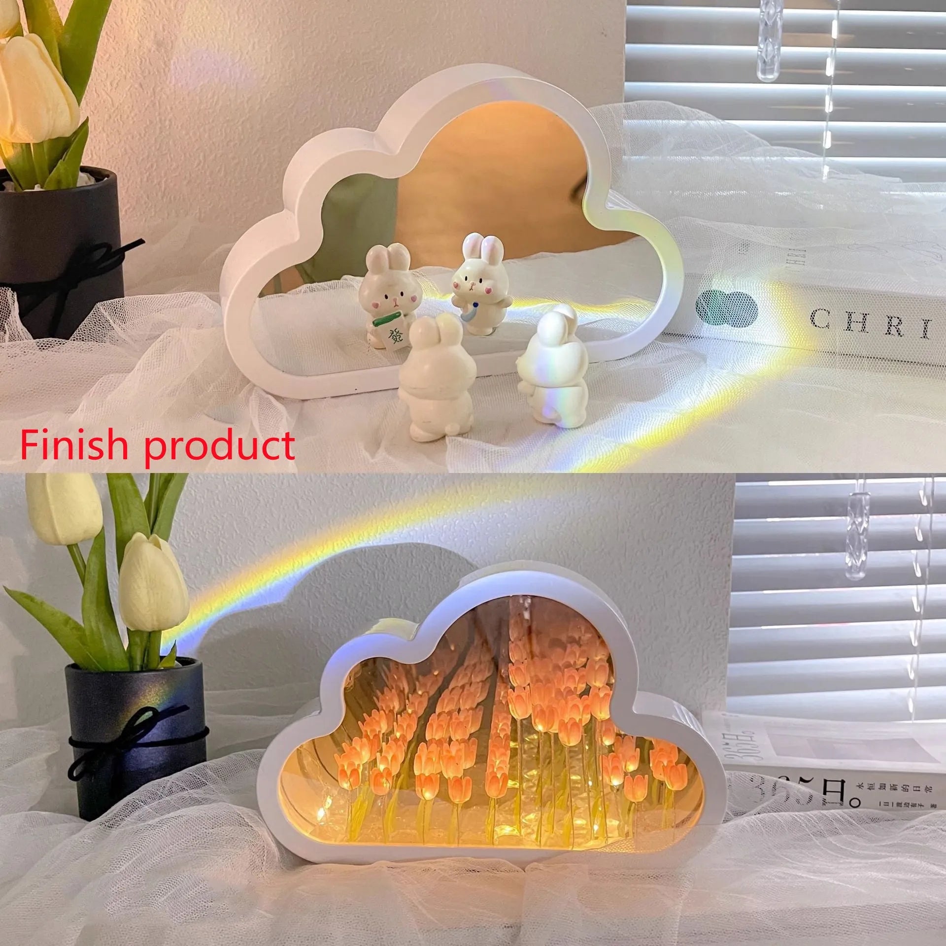 DIY cloud tulip decorative night lamp with LED lights and mirror surface for bedroom or desk