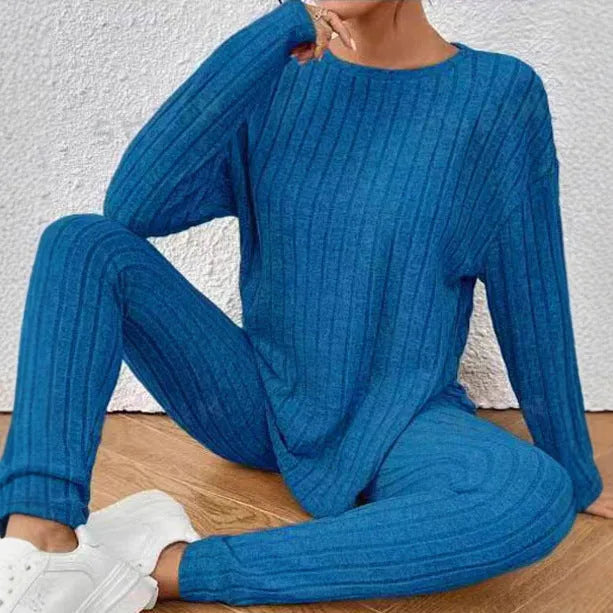 Black and blue sunken stripe pattern two-piece polyester homewear set for casual exercise.