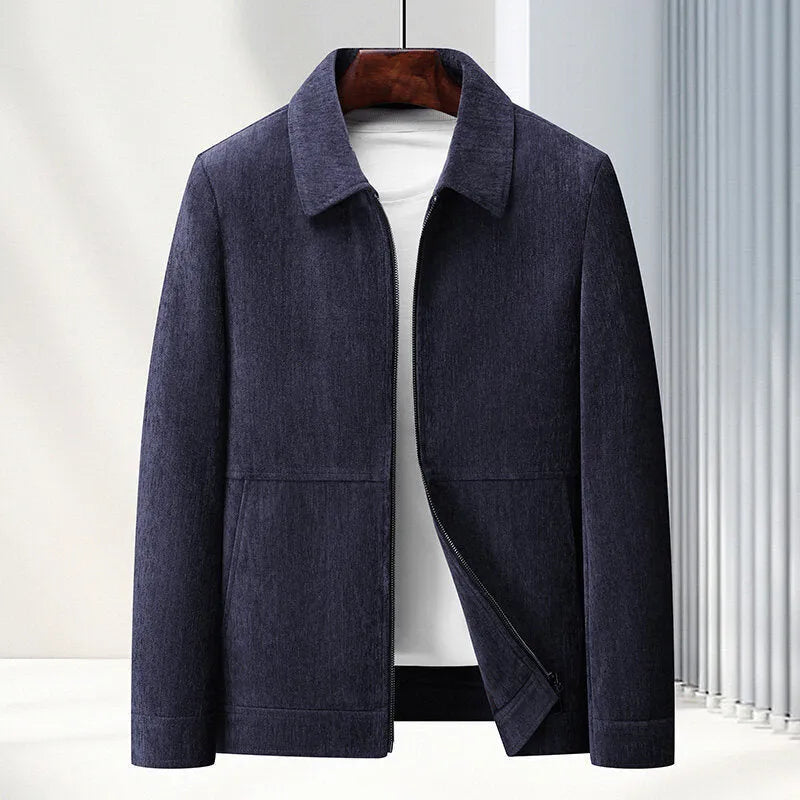 Men's slim fit lapel-collar casual jacket in dark blue, made from Vinylon fabric.