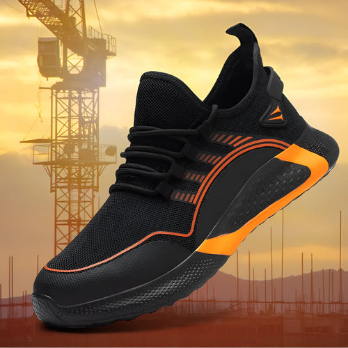 Breathable labour protection shoe for men with black fly-knit upper and rubber plastic sole