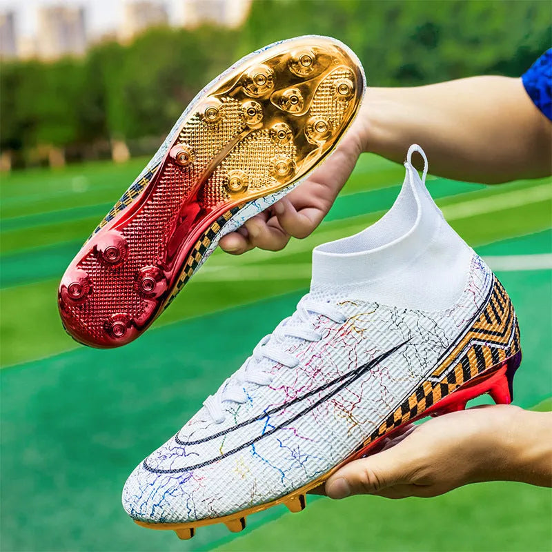 High-top football training shoes in mandarin duck colour with gold-plated PVC sole and lace-up closure