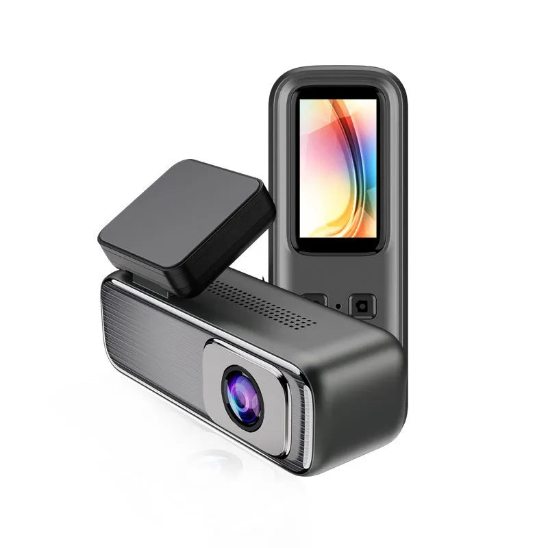 Black driving recorder dash cam with a 1.2-inch screen mounted on a car windscreen.