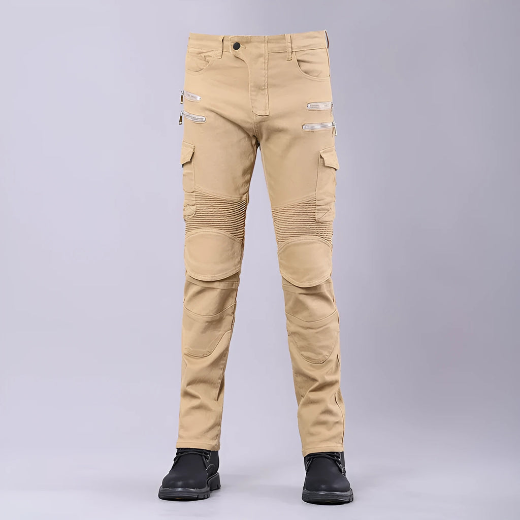 Cotton blend motorcycle riding jeans in black with protective gear for men and women