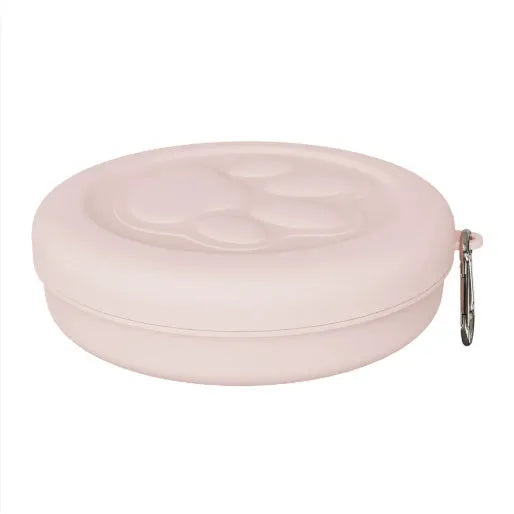 Portable outdoor dog food and water bowl in pink and green colour options.