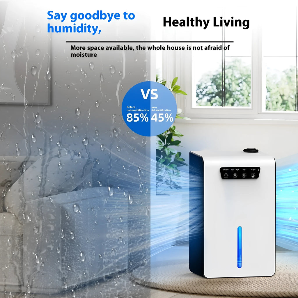 Milky white small bedroom dehumidifier with absorption technology and water reservoir.
