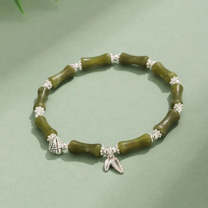 Green aventurine bamboo pattern bracelet with electroplated components and adjustable closure