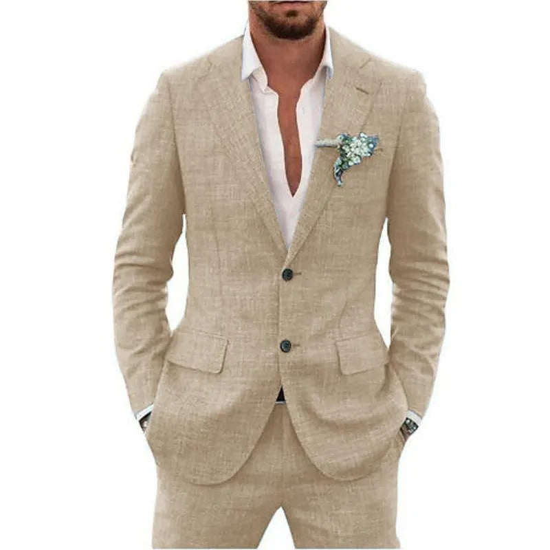 Men's linen hemp blend wedding suit in slim fit with jacket and trousers in dark blue colour