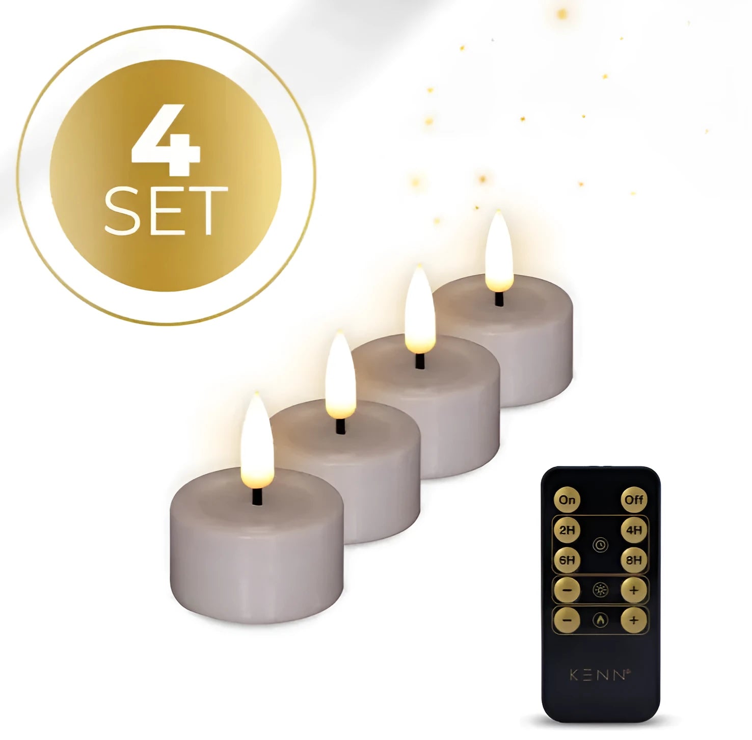 Four taupe coloured LED tealight candles with flickering flame effect