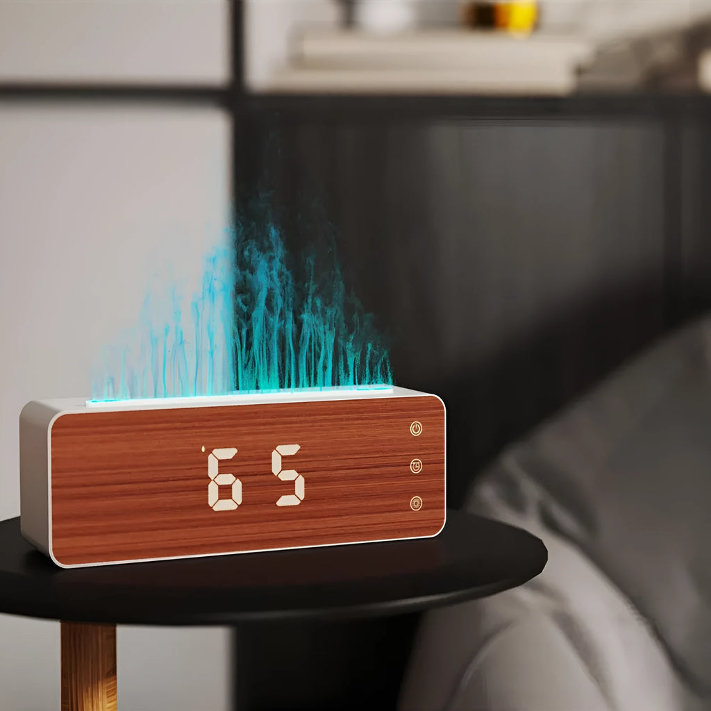 Flame Humidifier with Clock Display Desktop Aromatherapy Machine for Bedroom Household Use ABS Electronic Components White 28x8.5x9.3cm Plug In Ultra Quiet Large Capacity Water Tank