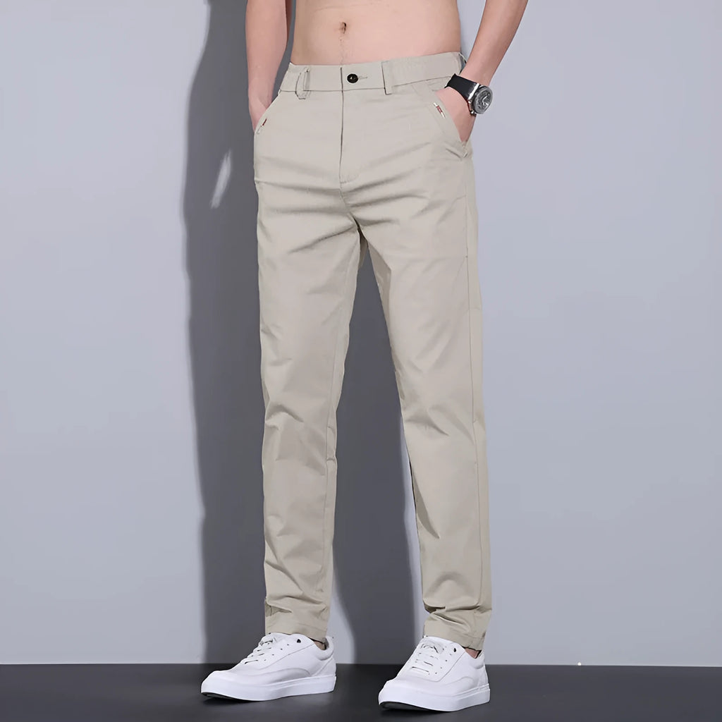 Men's straight slim fit trousers in light khaki cotton with micro elasticity for business casual wear