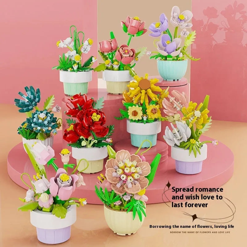 Micro diamond particle potted building blocks set in Smile to the Sun flower design, displayed in colour box packaging