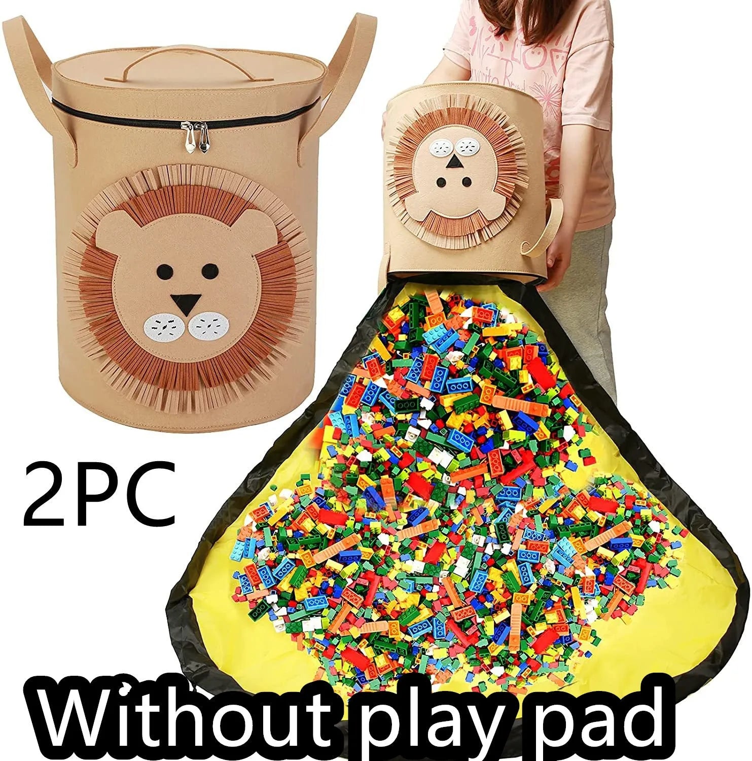 Green felt cube storage bag with pull rope closure shown as toy play mat