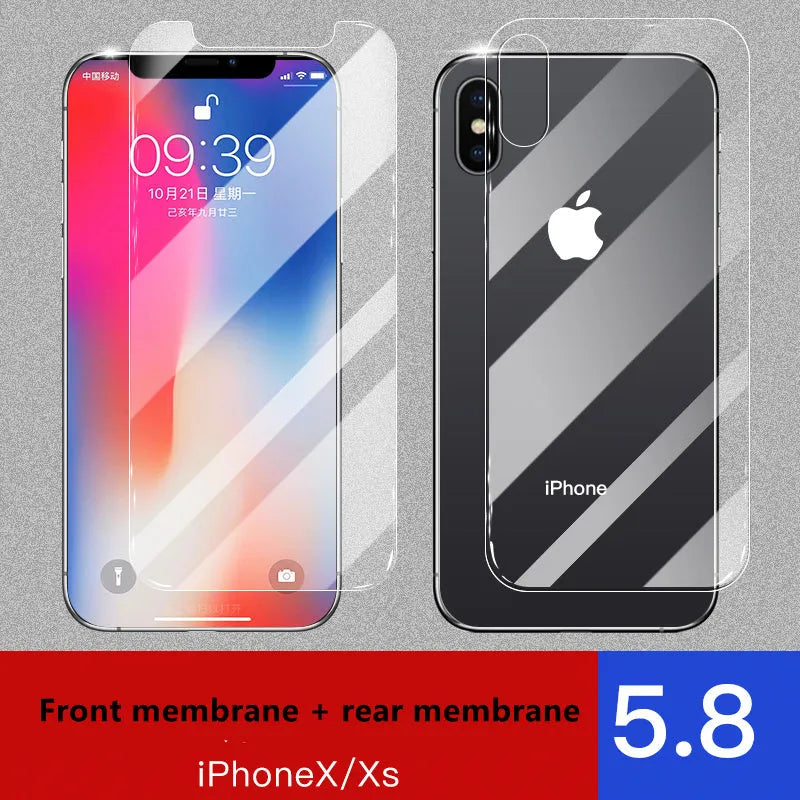 Tempered glass screen protector for Apple iPhone with rear and front film options.