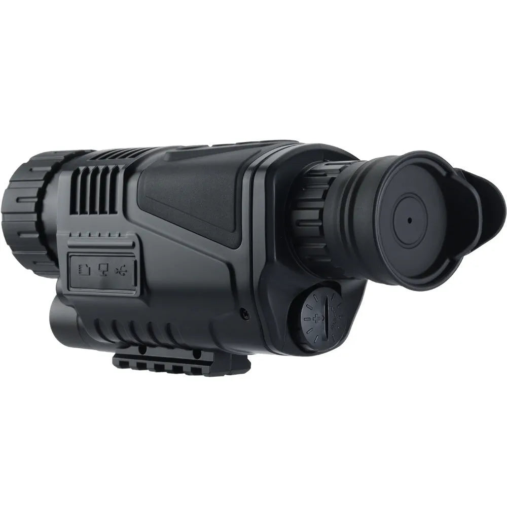 Black infrared digital night vision telescope with rubber grip, shown with storage bag and cables.
