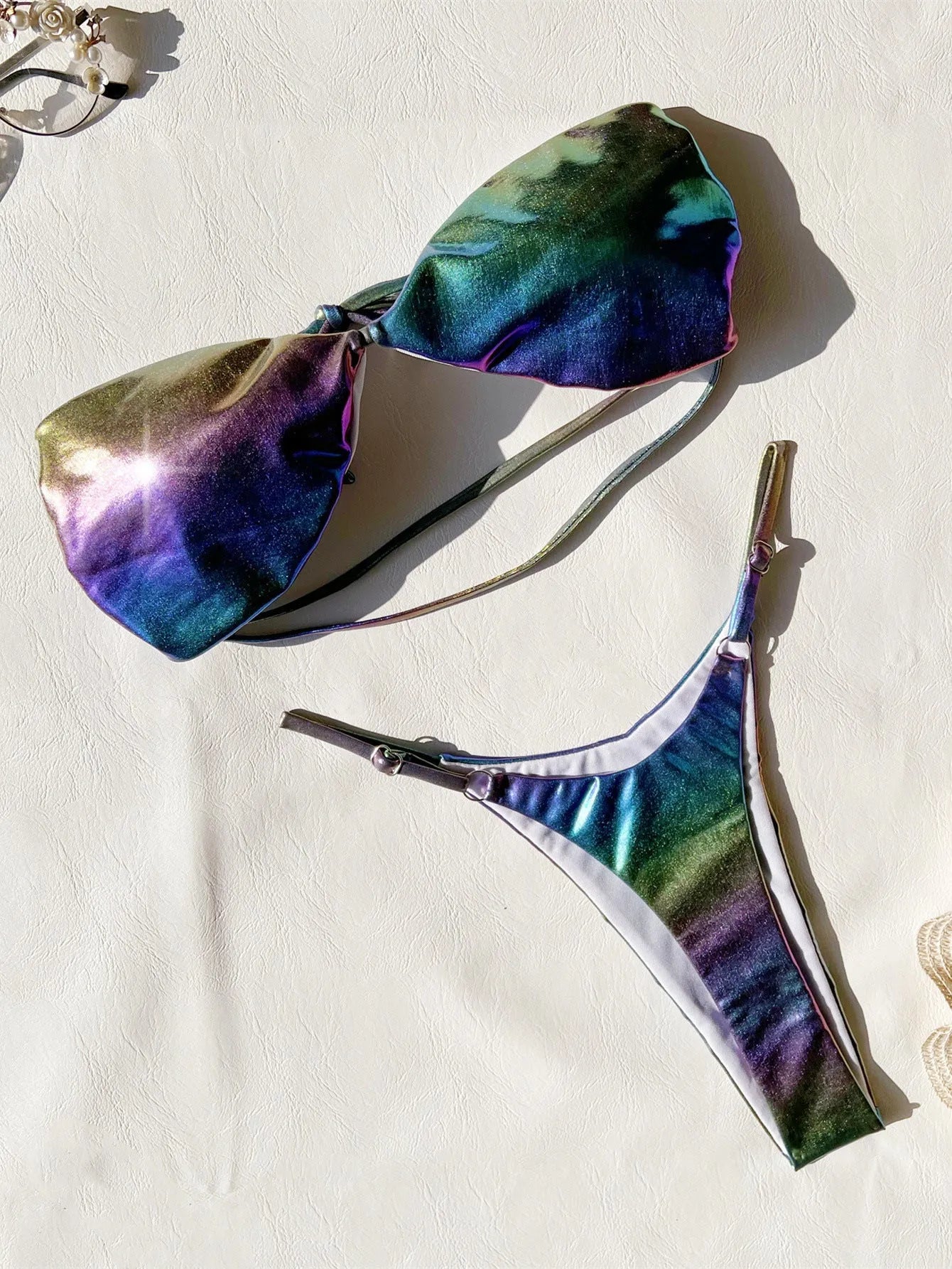 Women's gradient purple bikini swimsuit set with polyester fabric shown front and back