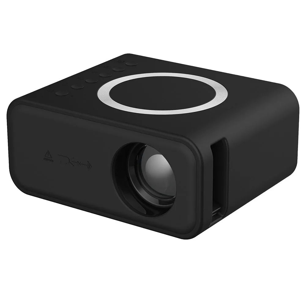 YT300 black or white portable mini projector with remote control on a table