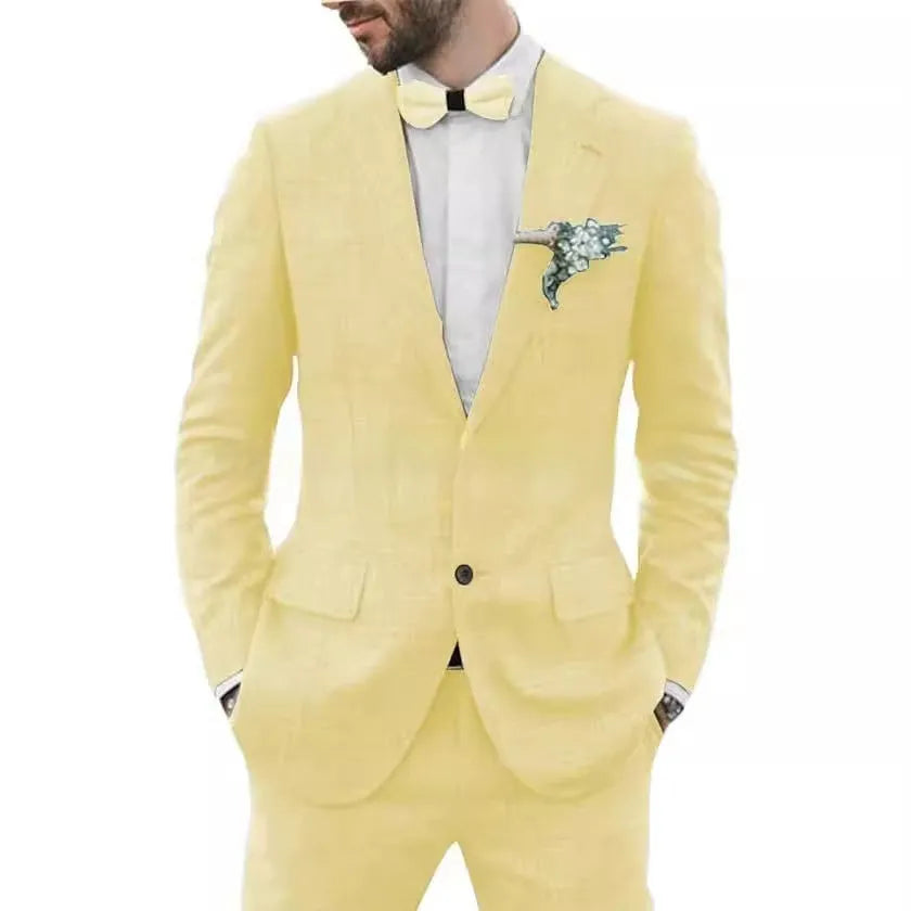 Men's linen hemp blend wedding suit in slim fit with jacket and trousers in dark blue colour