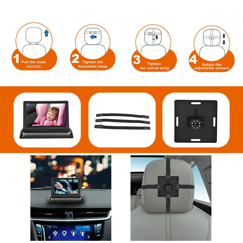 Black 4.3 inch folding screen car baby monitor with cigarette lighter power cord and infrared camera