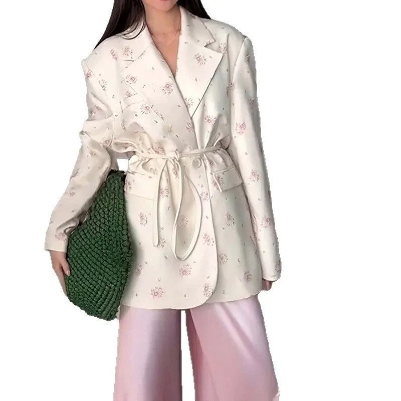 Women's collar lace-up waist-tight suit jacket in polyester available in four colours including floral print