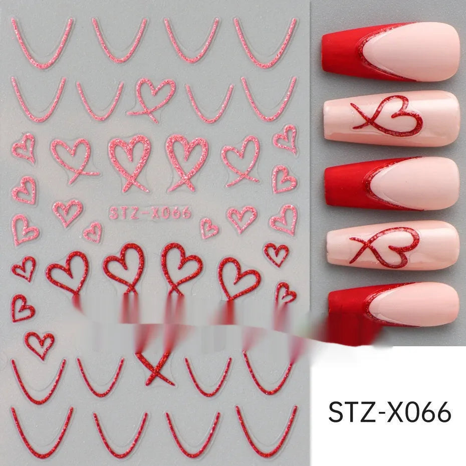 Black and silver stripe nail art sticker with a love pattern design on a plastic sheet.