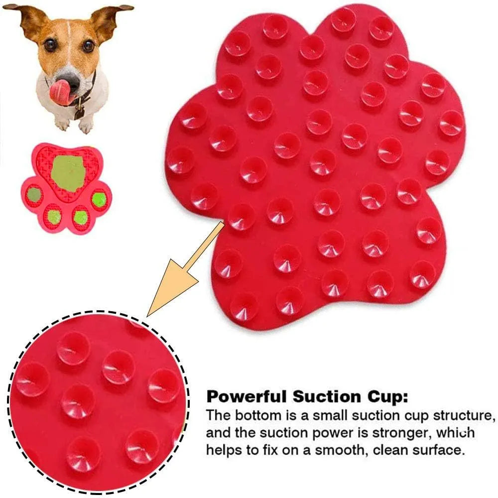 Dog licking mat with peanut butter and strong suction cups on bathroom tile, 18x18x1.2cm silicone pad