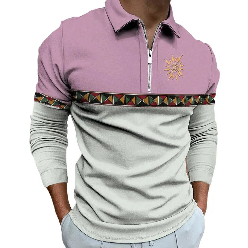 Man wearing a loose-fit long sleeve golf top with retro colour printing and a zipper decoration detail.