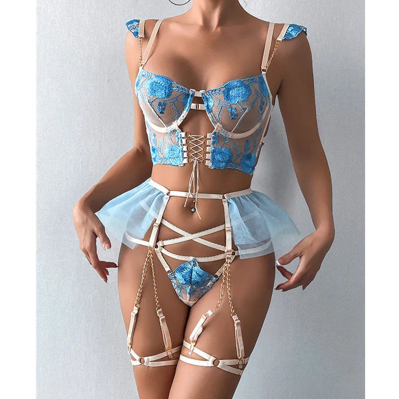 Light blue lace push up bra set with matching mesh underwear on hanger