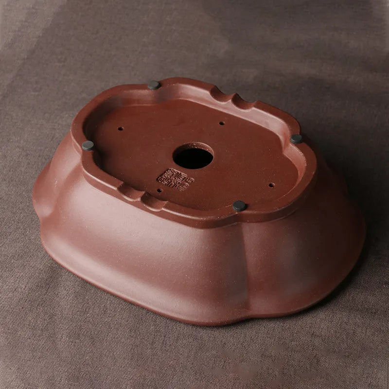 Handmade purple clay bonsai basin with classical Chinese design measuring 25cm by 20cm