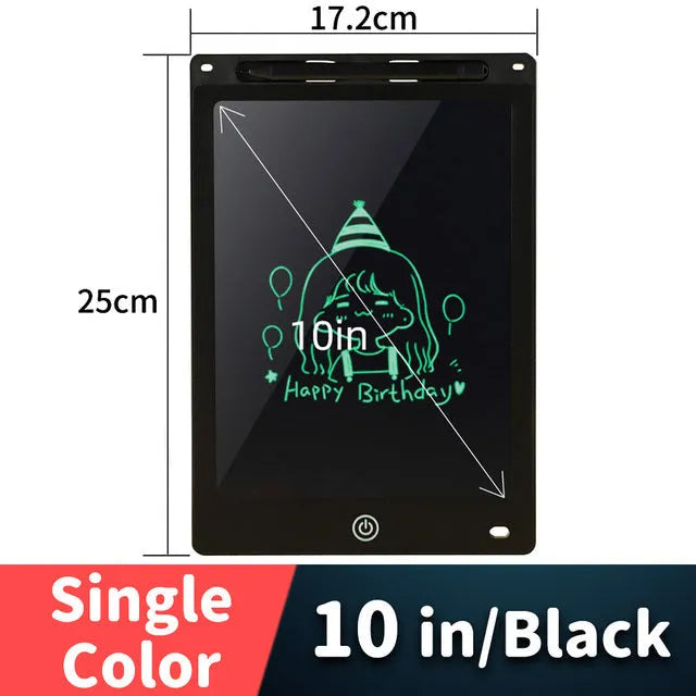 LCD drawing tablet for kids in light blue, showing colourful lines drawn with a plastic stylus.