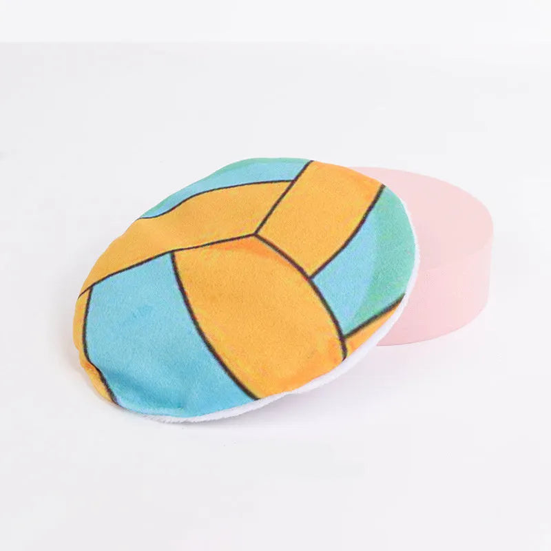 Plush cat flying disc toy with sports ball pattern, containing catnip and crinkle sound for indoor cats