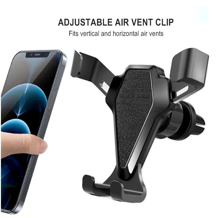 Universal smartphone car air vent mount in Elegant Black with silicone steel core and alloy structure, clipped to a vehicle air vent