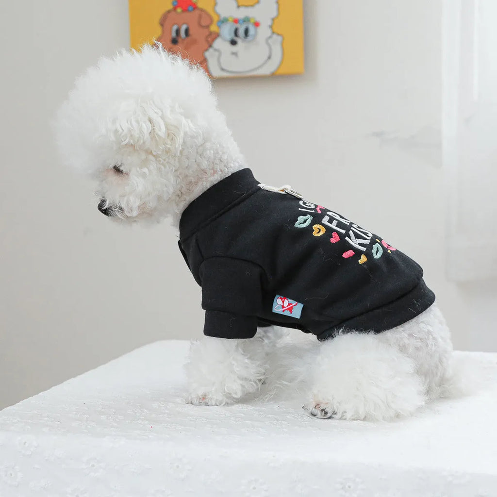 Casual grey dog sweater with white kissing lips print, shown on a small dog.
