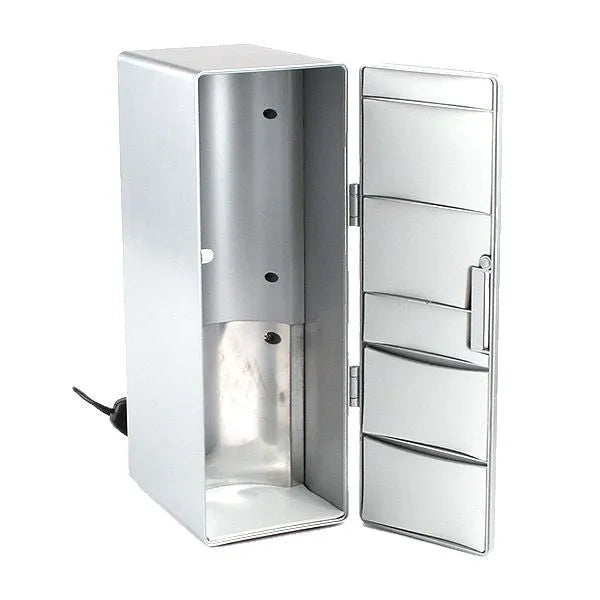 Silver USB mini fridge with open door showing two beverage cans and interior LED light