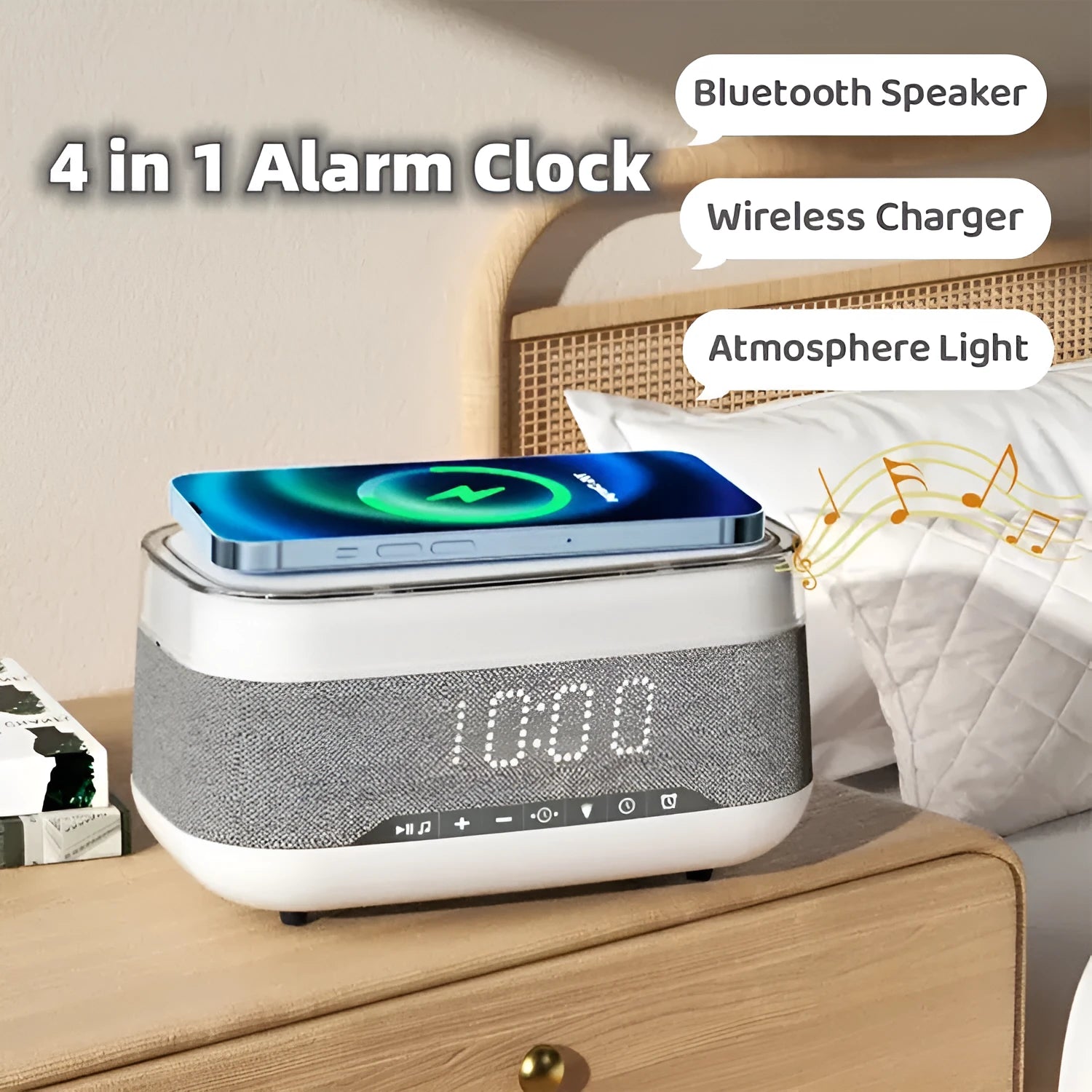 White multifunctional alarm clock with Bluetooth speaker and wireless charging pad display