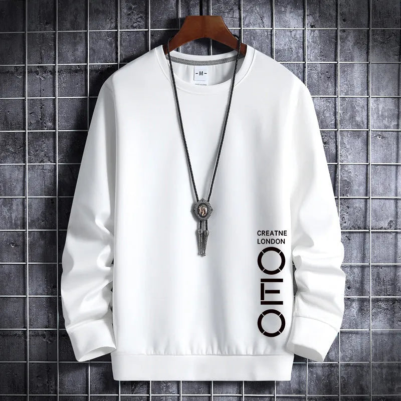 Men's thin round neck sweater in white, cotton polyester blend, pullover style, Korean hipster sportswear