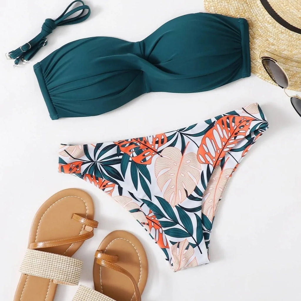 Hard cup push up bikini swimsuit with underwire and matching briefs on a mannequin.