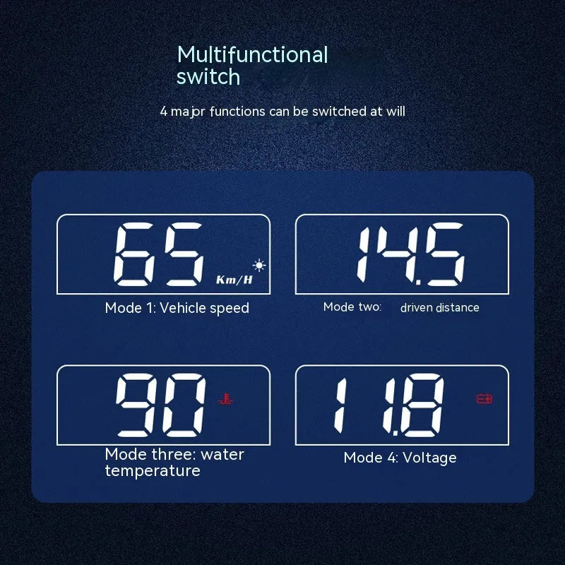 Black car head-up display with 2-inch screen showing speed projection for dashboard mounting