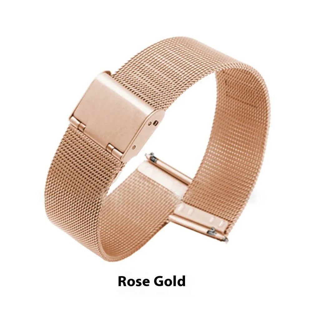 Close-up of a woven stainless steel watch band in silver showing textured metal links.