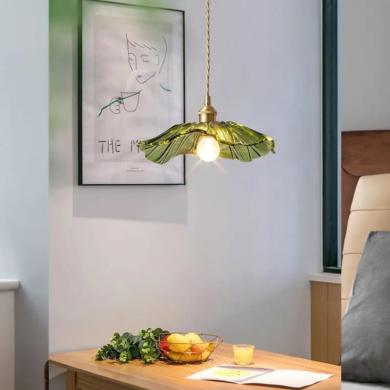 Nordic Japanese decorative lotus leaf lamp with iron body and glass shade