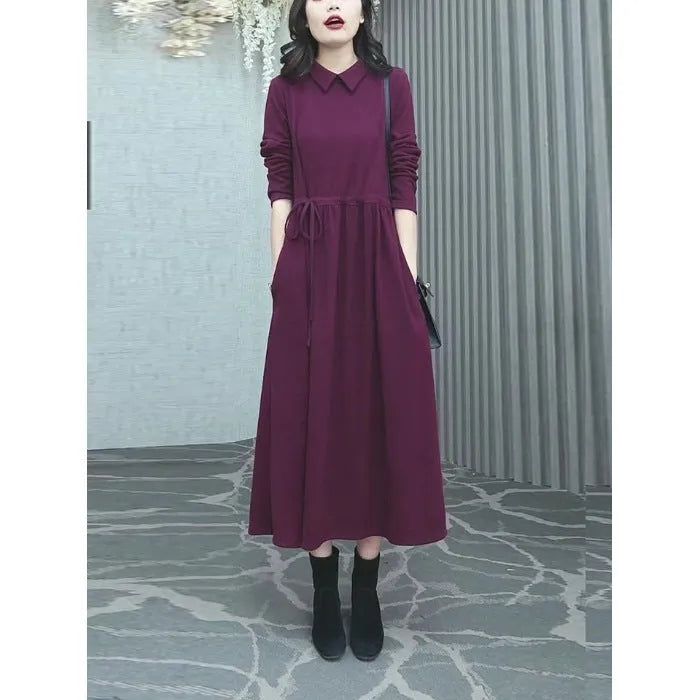 Purplish red plus size women's long sleeve dress with a long skirt for autumn winter wear.