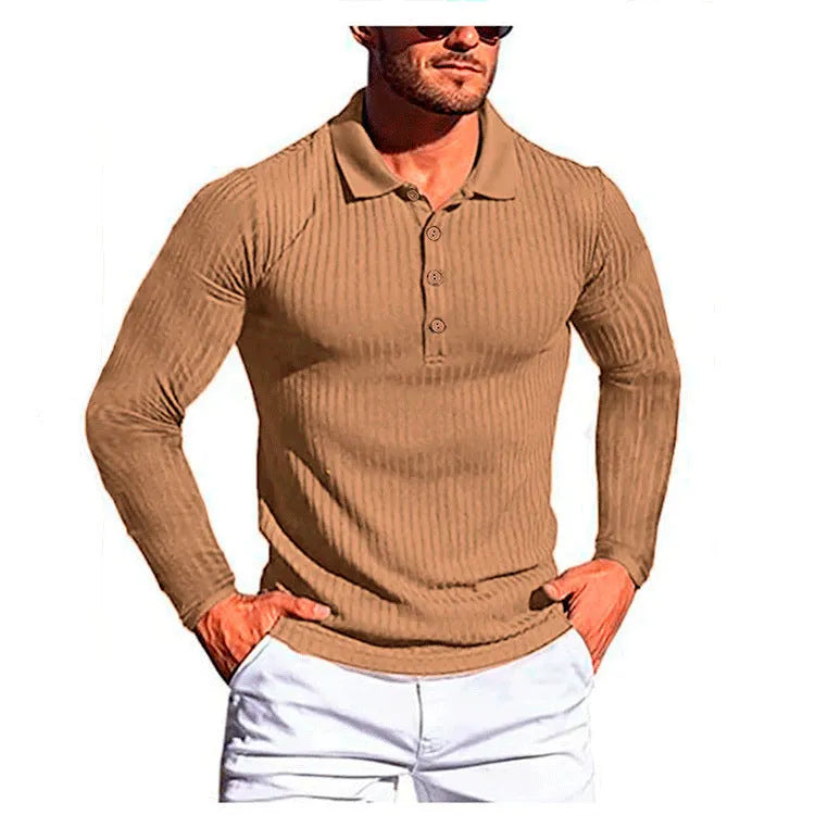 Man wearing a striped loose-fit short sleeve shirt in a high elastic knit fabric, showing the stretch and casual style.