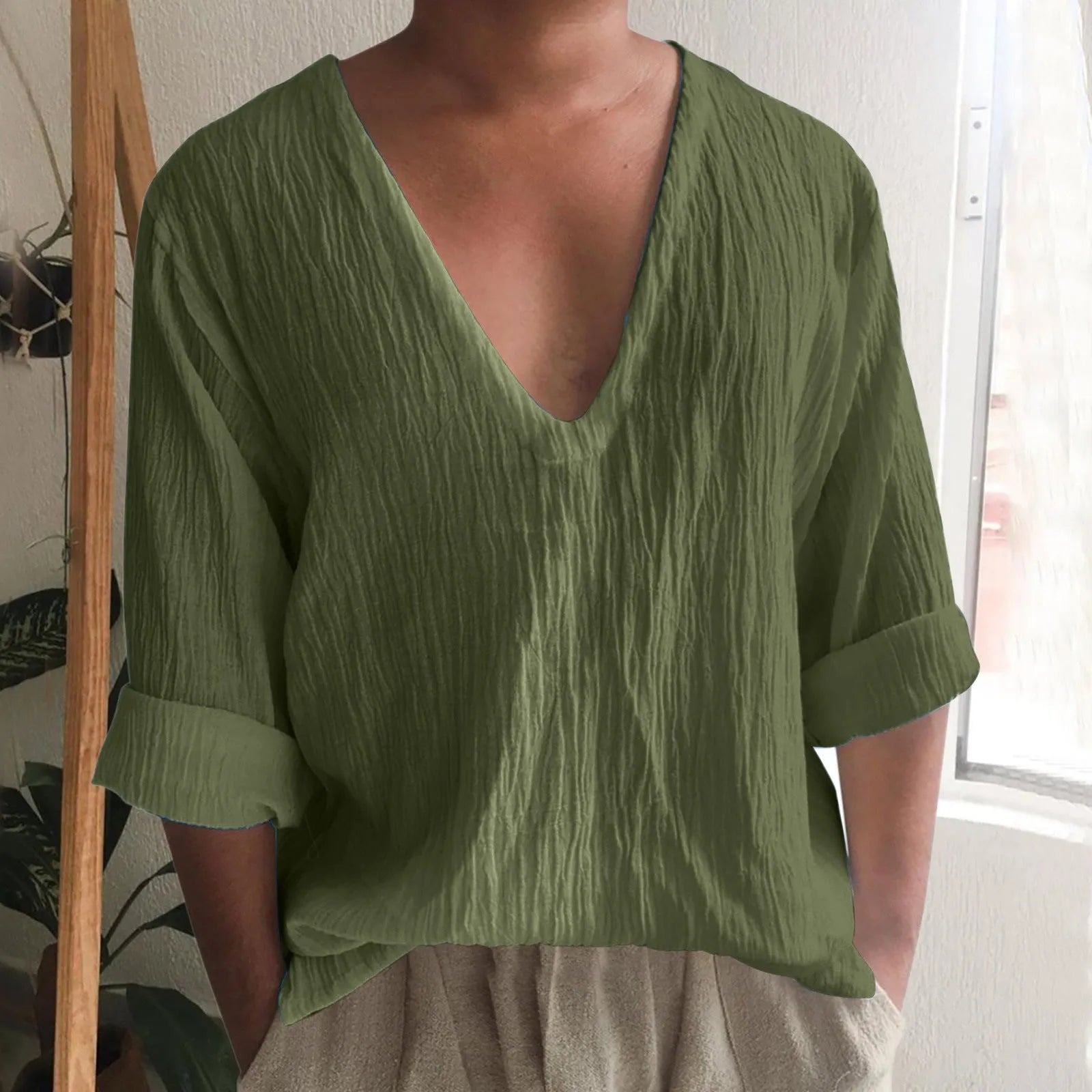 Men's long sleeve V-neck T-shirt in washed cotton and linen blend, shown in a solid colour.