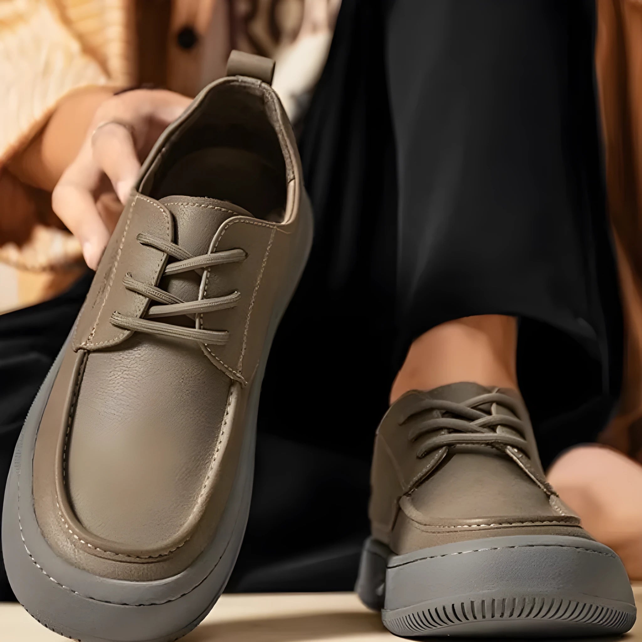 British retro brown leather casual shoes with big toe design and rubber soles