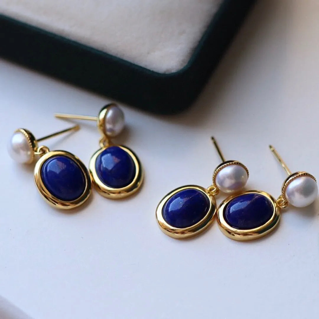 925 silver lapis lazuli pearl stud earrings with auspicious patterns