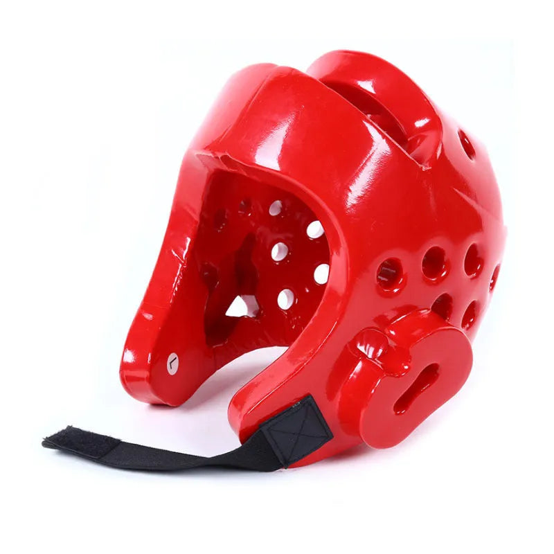 Red and blue karate taekwondo protective gear set with leg guards, boxing gloves, and helmet