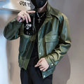 Men's black Korean style PU leather jacket with straight hem design